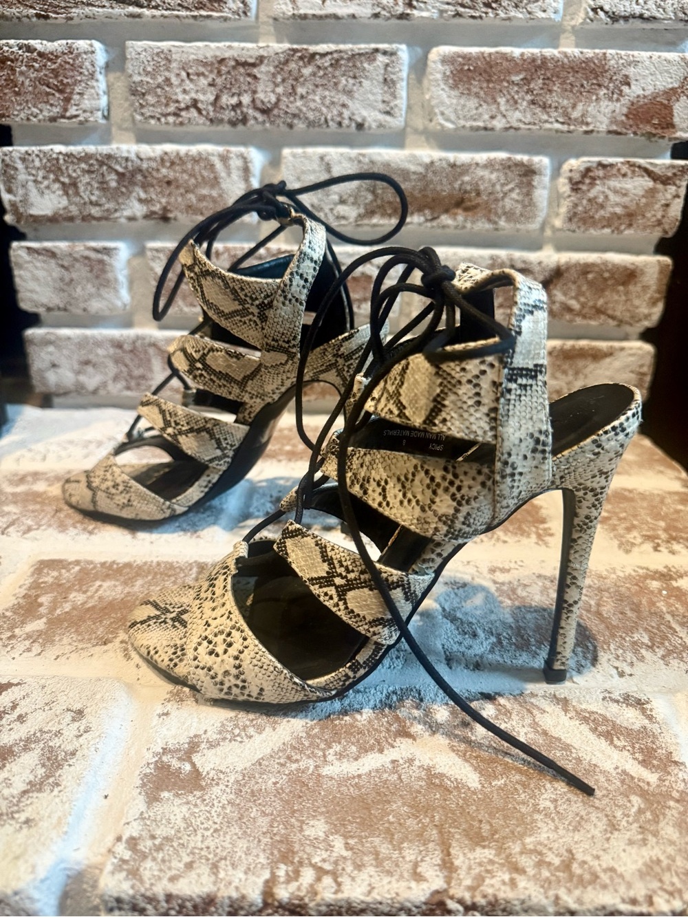 Charlotte Russe Snakeskin Lace-Up High Heel Sandals - Black & Cream - Size 8